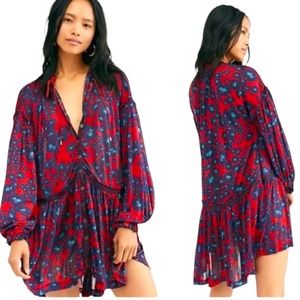 Free People Love Letter Floral Tunic Dress Red & Blue Oversized Size XS (S/M)